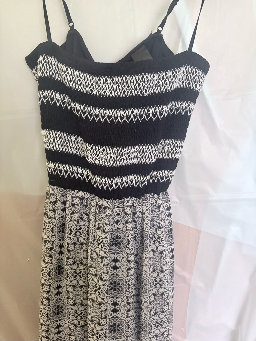 Black & White Smocked Sundress with Printed Skirt